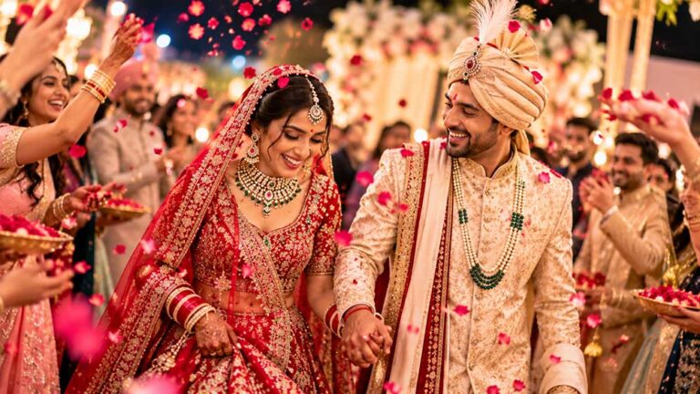 Petal shower at an Indian wedding celebration